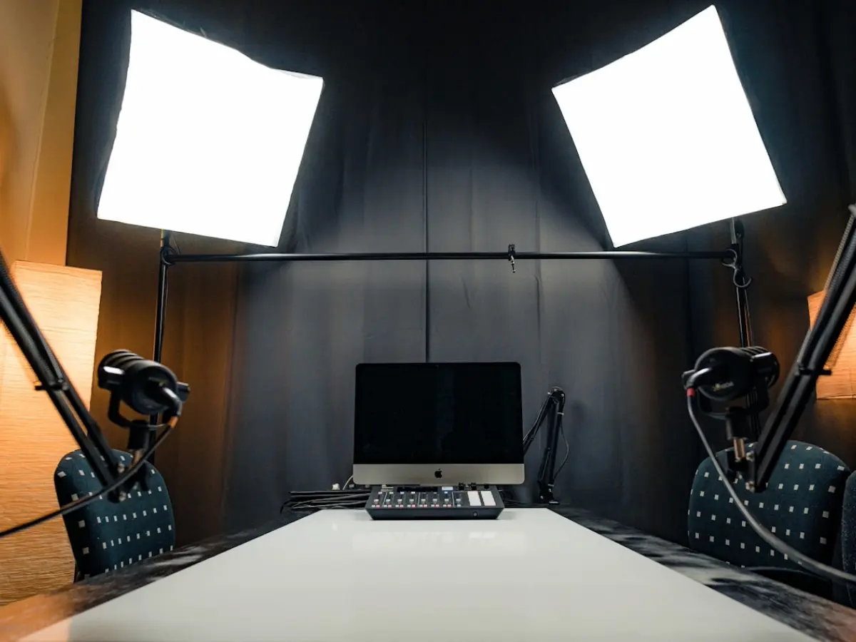 A DLXPRO mobile podcasting system deployed in a boardroom, showcasing the technical infrastructure used for professional business storytelling.