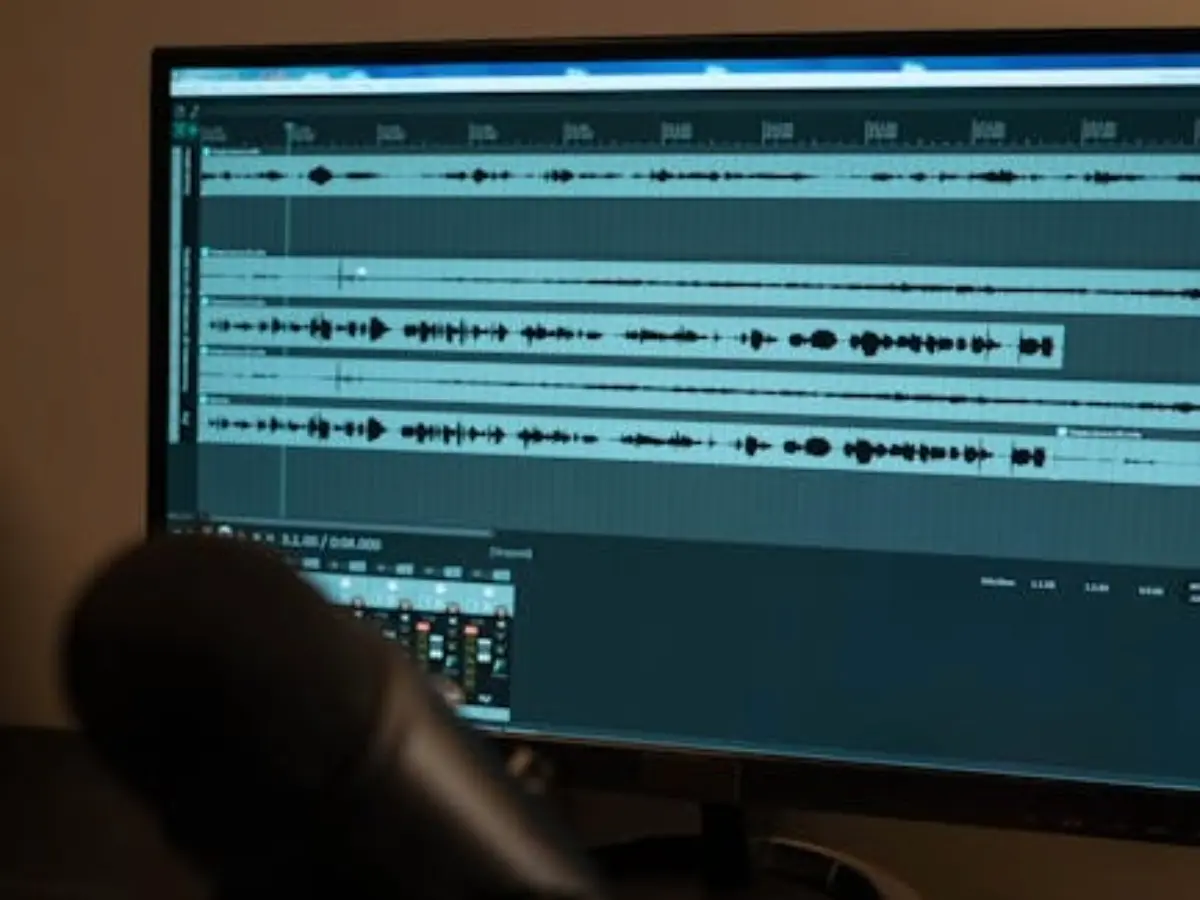 Detailed audio editing and mastering workflow showing a professional podcast timeline.