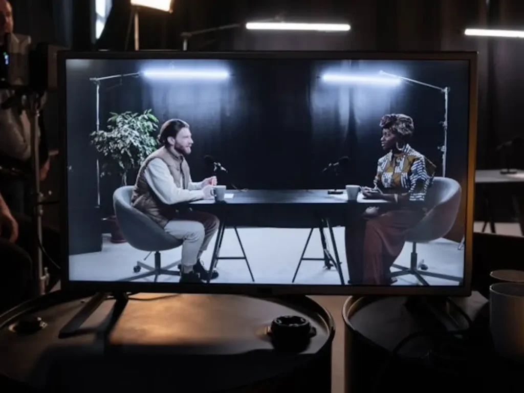 Professional video podcast production setup in West Palm Beach featuring studio cameras and high-end microphones.