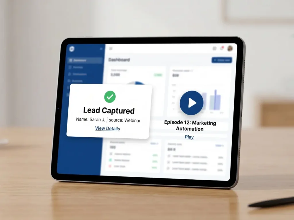 Digital dashboard showing lead generation and ROI from an Authority Podcast Sprint.