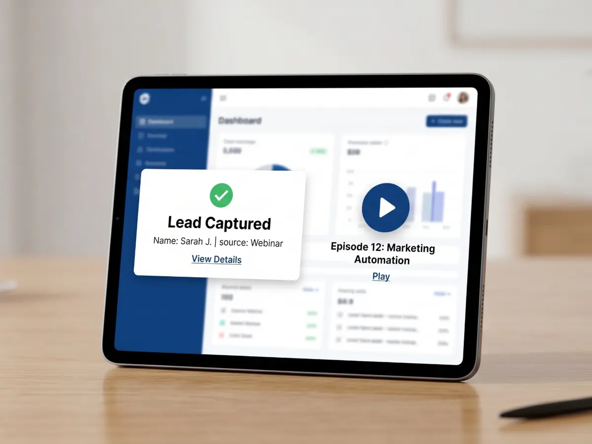 Digital dashboard showing lead generation and ROI from an Authority Podcast Sprint.