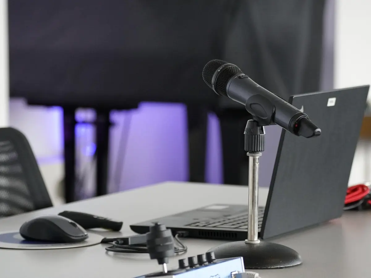 DLXPRO on-location mobile podcast studio setup inside a West Palm Beach professional office building.