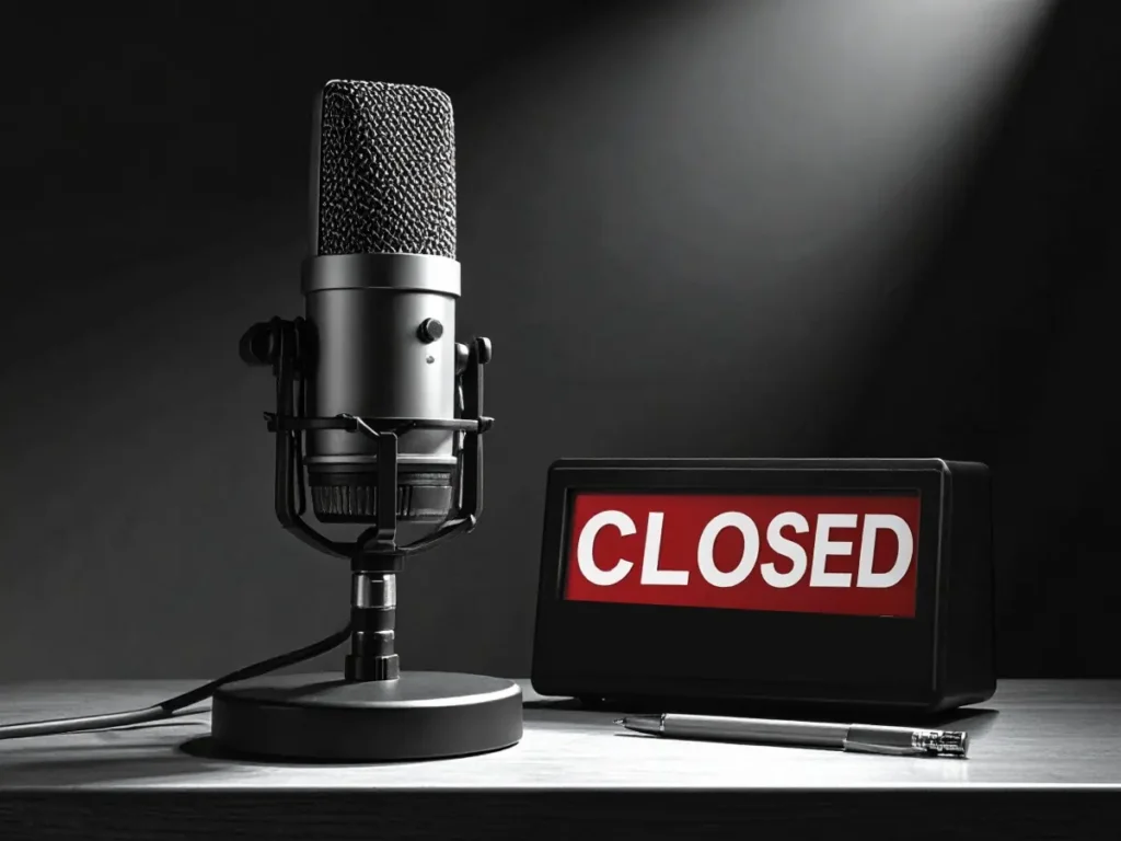 A high-contrast photo of a professional studio microphone sitting on a desk with a "Closed" or "Completed" sign next to it, rather than an active "On Air" light.